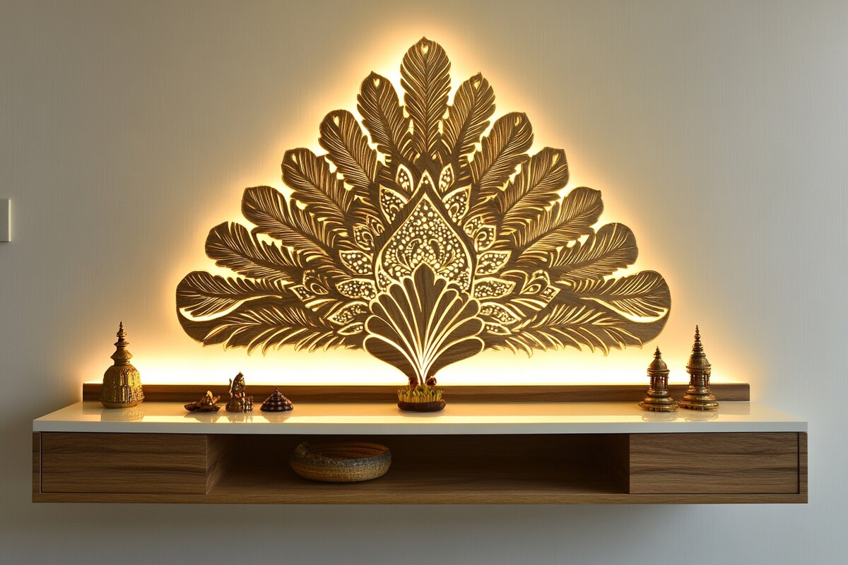 Contemporary Wall-Mounted Pooja Unit Design with Peacock Feather Design