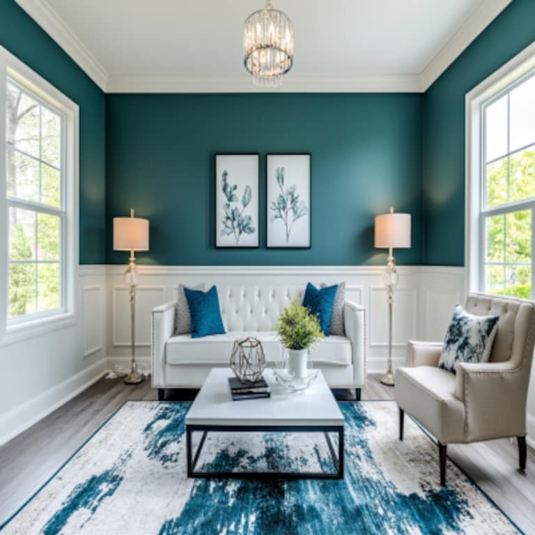 Contemporary Teal Wall Paint Design with Wall Trims