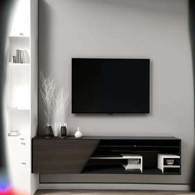 Modern TV Unit Design in White and Black Laminate with Grey Wall