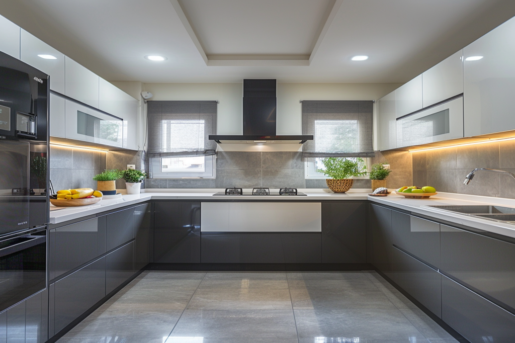 Modern Modular U-Shaped White And Dark Grey Kitchen Design With Light Grey Quartz Kitchen Countertop