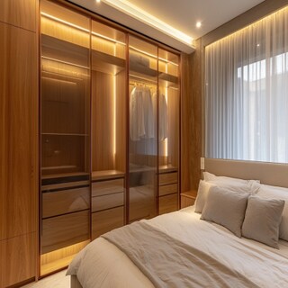 Contemporary 4-Door Transparent Swing Wardrobe Design With Wooden Interiors