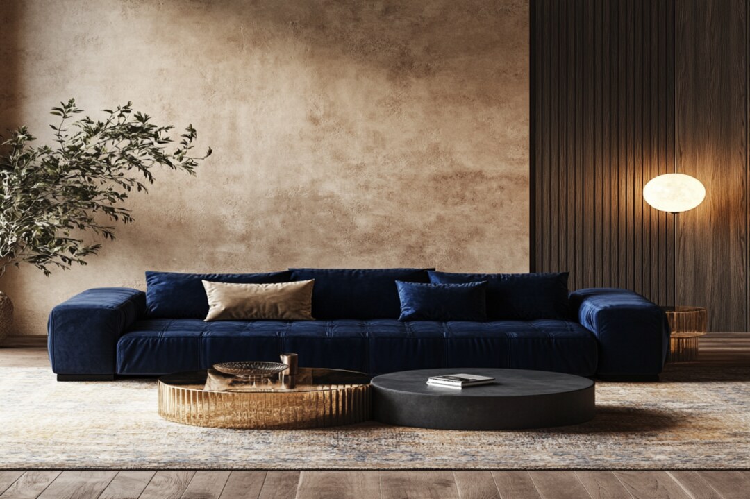 Modern Living Room Design With Dark Blue Velvet Sofa And Beige Wall ...