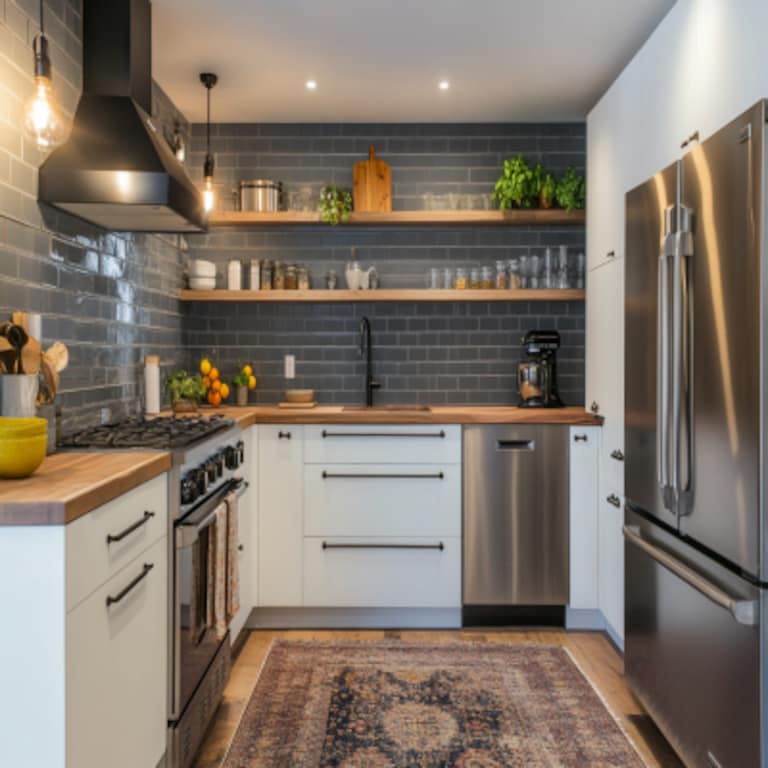 Modern L-Shaped Kitchen Design with Grey Backsplash