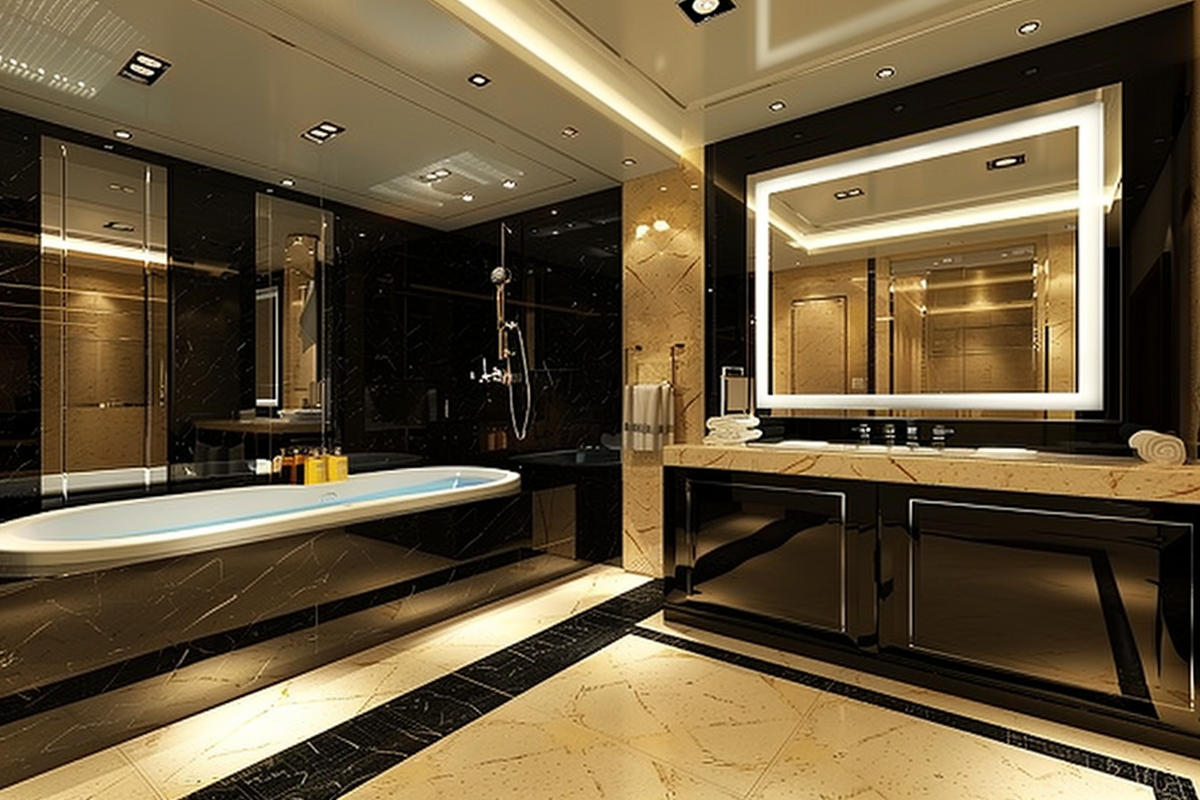 Modern Black And Cream Spacious Bathroom Design With Large Lit Rectangular Mirror