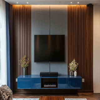 Modern Glossy Blue TV Unit Design With Grey Textured Wallpaper And Wooden Panelling