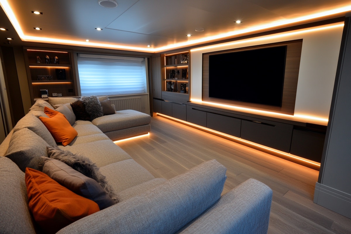 Modern Persian Walnut TV Unit Design with Stacked Wooden Console and Marble Accent Wall