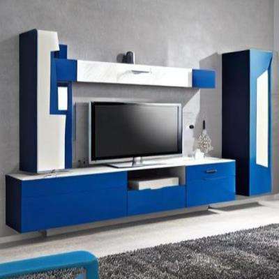 Modern TV Unit Design in Blue Laminate with Floating Shelves