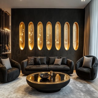 Contemporary Living Room Wall Design With Gold Oval-Shaped Inserts