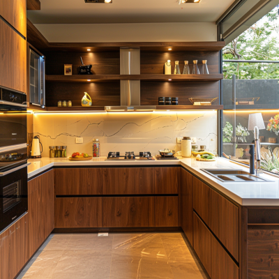 Modern Walnut Bronze Modular L-Shaped Kitchen Design