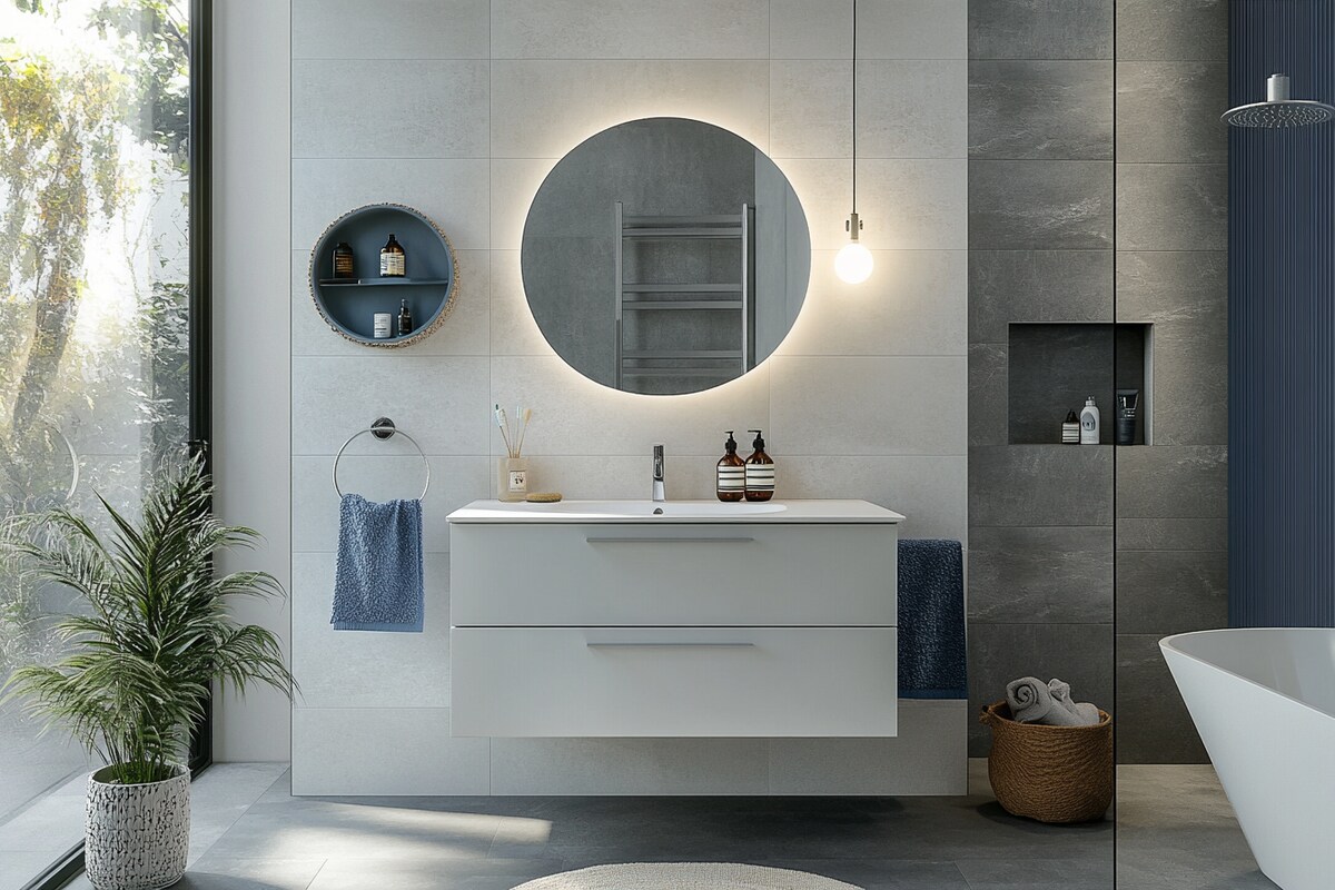 Contemporary Grey And Blue Small Bathroom Ideas With White Bathroom Cabinet