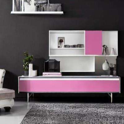 Modern TV Unit Design in Pink and White Laminate