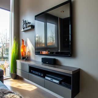 Grey Wall Contemporary TV Unit Design with Wall Mounted Drawer