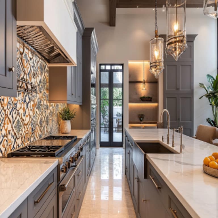 Contemporary Modular Grey And Champagne-Toned Parallel Kitchen Design With Moroccan Backsplash