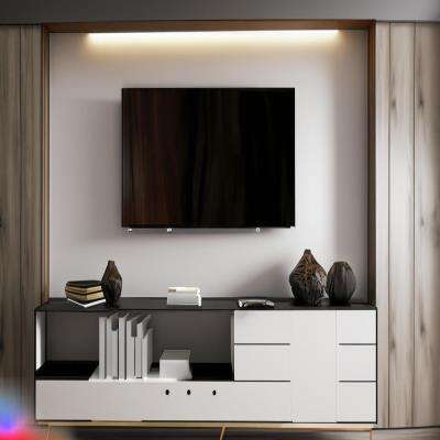 Modern TV Unit Design in Glossy Wooden Laminate with Grey Wall