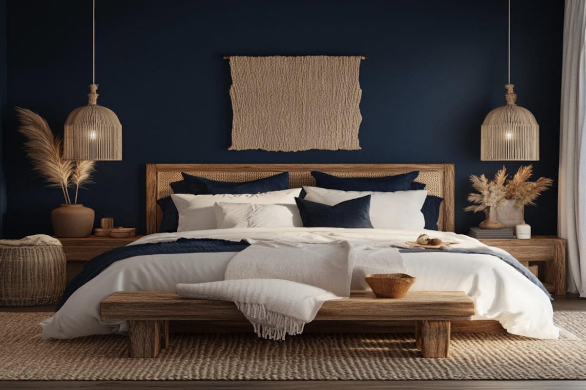 Dark Blue Wall Rustic Master Bedroom Design