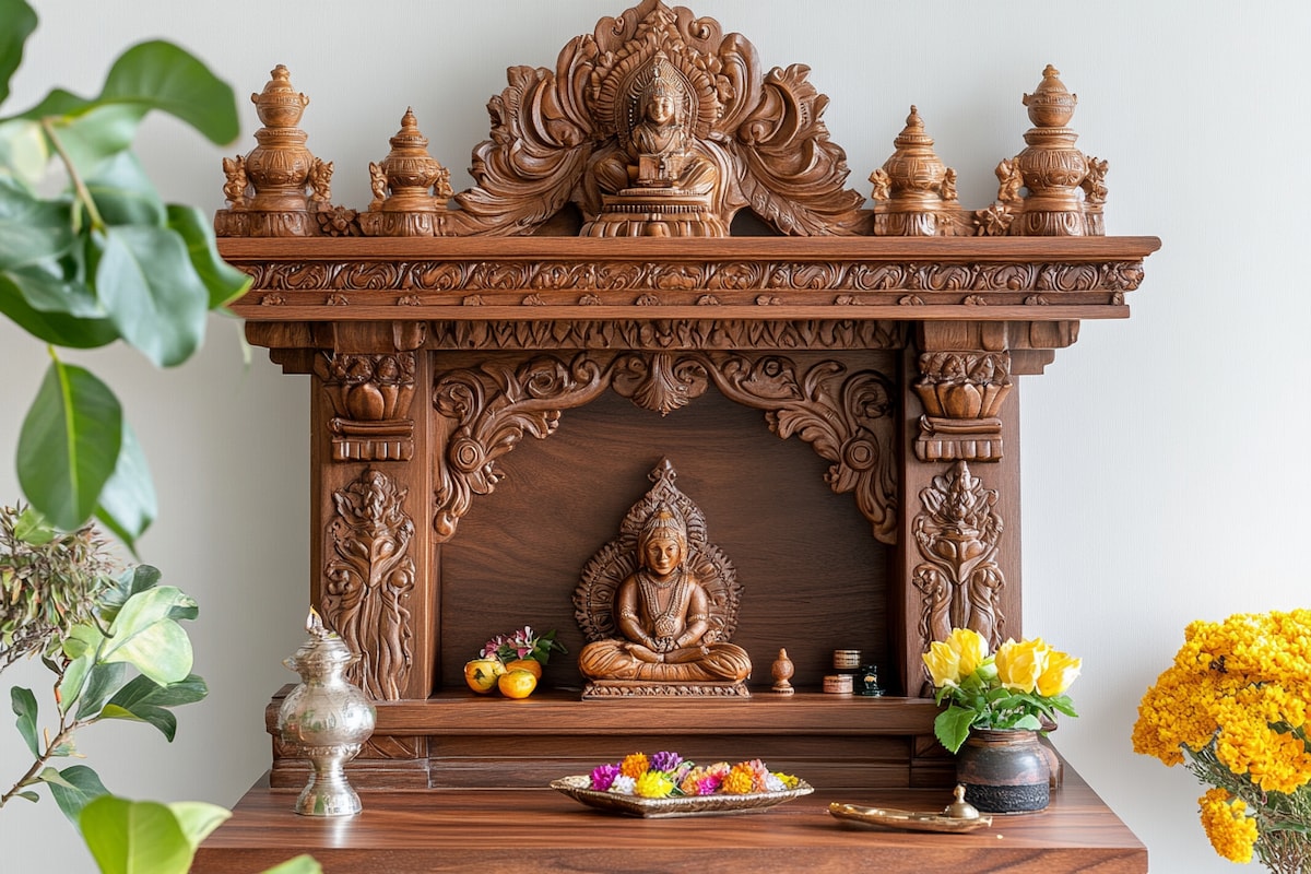 Compact Pooja Mandir Design With Carvings