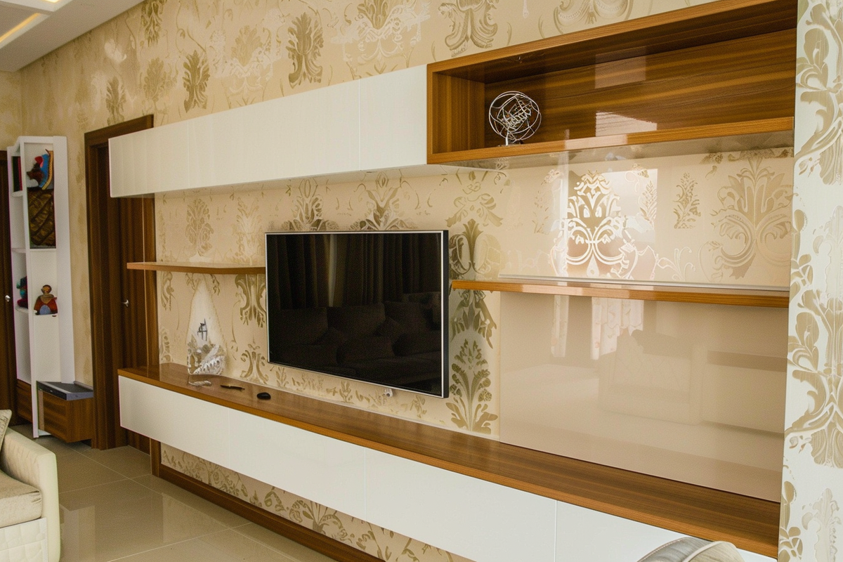 Contemporary White And Wood TV Unit Design With Beige Damask Wallpaper