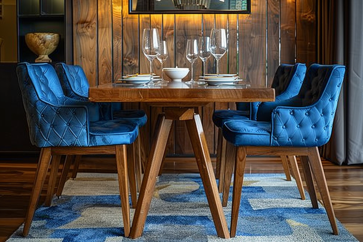 Rustic Wooden And Blue 4-seater Dining Room Design With Blue Seater