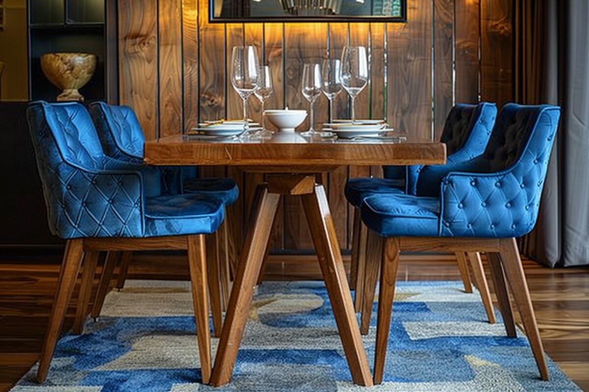 Rustic Wooden And Blue 4-seater Dining Room Design With Blue Seater Rustic Wooden And Blue 4-seater Dining Room Design With Blue Seater
