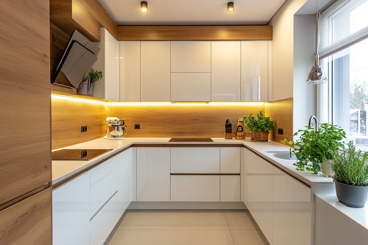 Modern White and Teak U-Shaped Kitchen Design