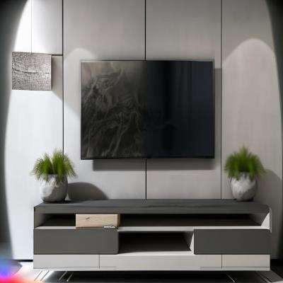 Modern TV Unit Design in Charcoal Grey Laminate with Concrete Planters