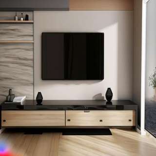 Modern TV Unit Design in Beige and Black Laminate with Wooden Flooring