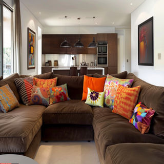 Contemporary Beige And Light Brown Living Room Design With TV Unit And Marble Back Panel