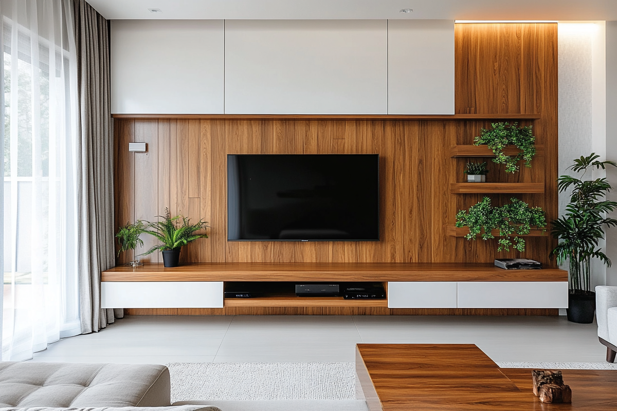 Modern White And Wood TV Unit Design With Wooden Wall Panelling