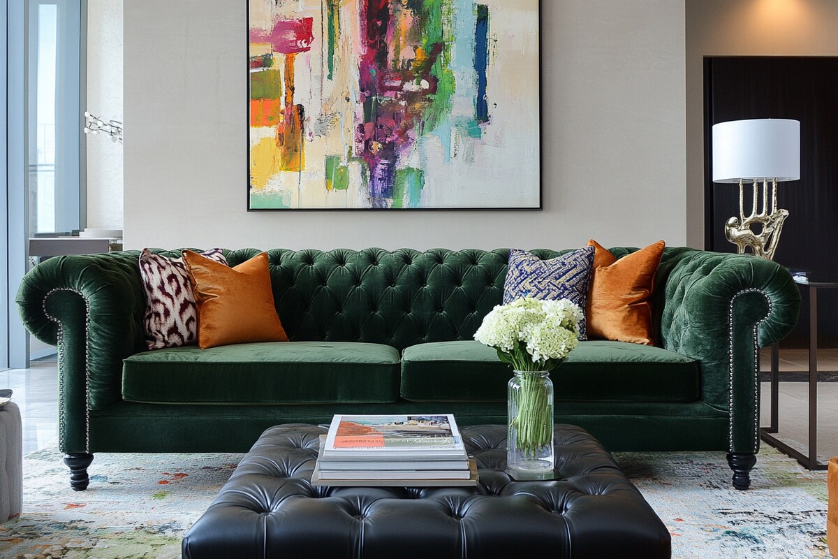 Contemporary Living Room Design With Dark Green Chesterfield Sofa