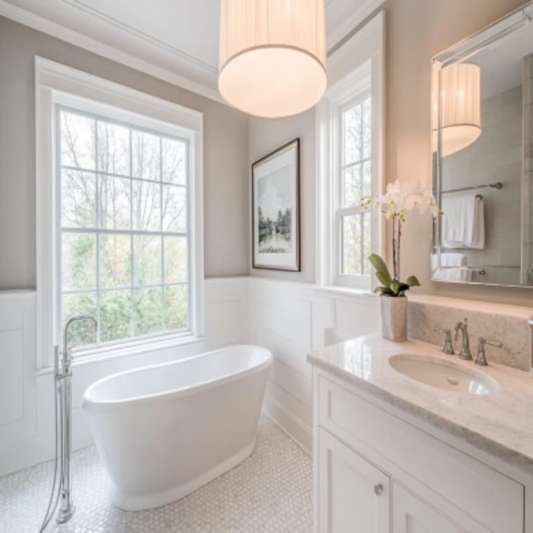 Modern White Small Bathroom Design With Pendant Light