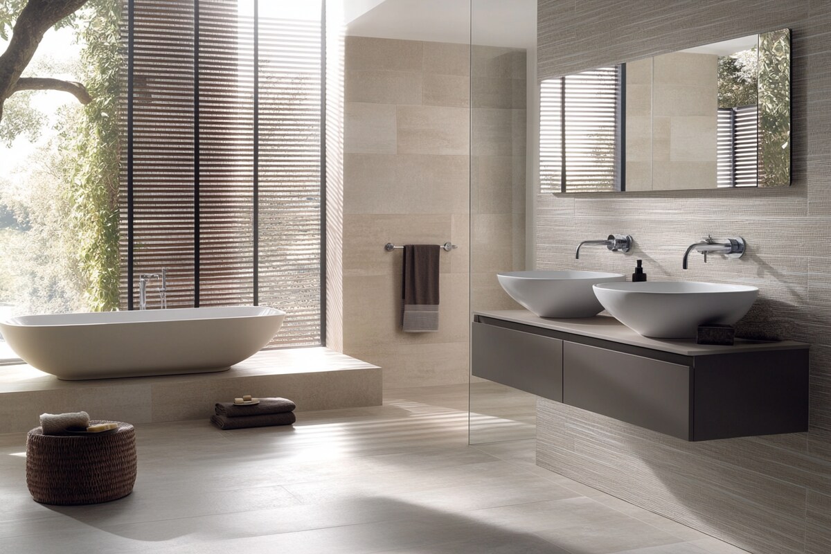 Contemporary Grey And Beige Bathroom Design With Wall-Mounted Vanity Unit