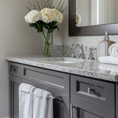 Contemporary Grey And Cream Bathroom Cabinet Design With Granite Bathroom Countertop