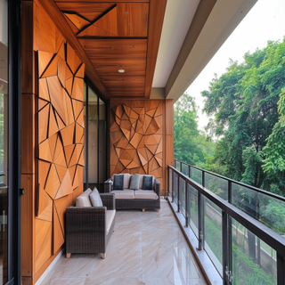 Contemporary Balcony Design With Floor-To-Ceiling Wooden Panelling