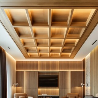 Acoustic Paneled Stepped False Ceiling Design With Oak Timber