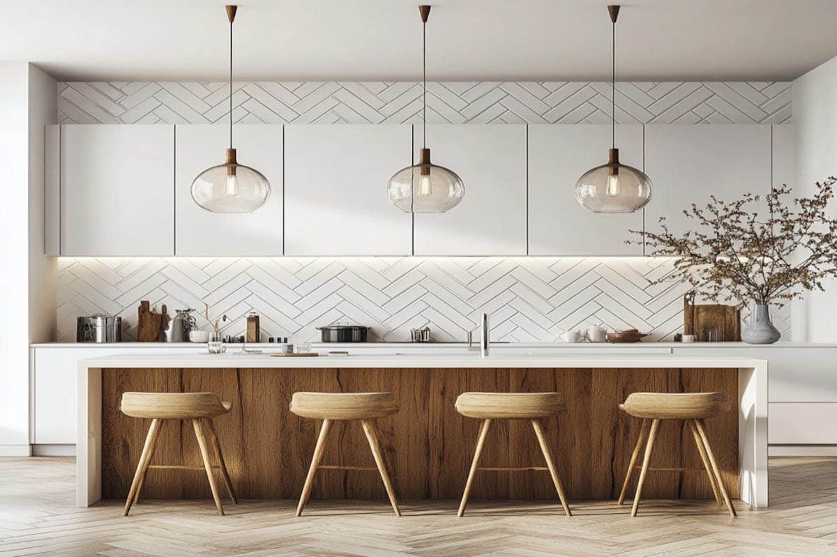 Modern White Porcelain Herringbone Kitchen Tile Design