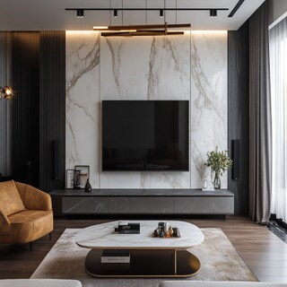 Contemporary TV Unit Design With Marble Wall Panel