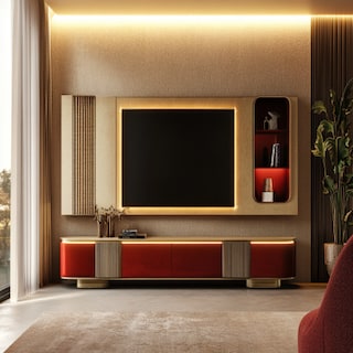 Modern Nomadic Gold And Red TV Unit Design With Overhead Unit