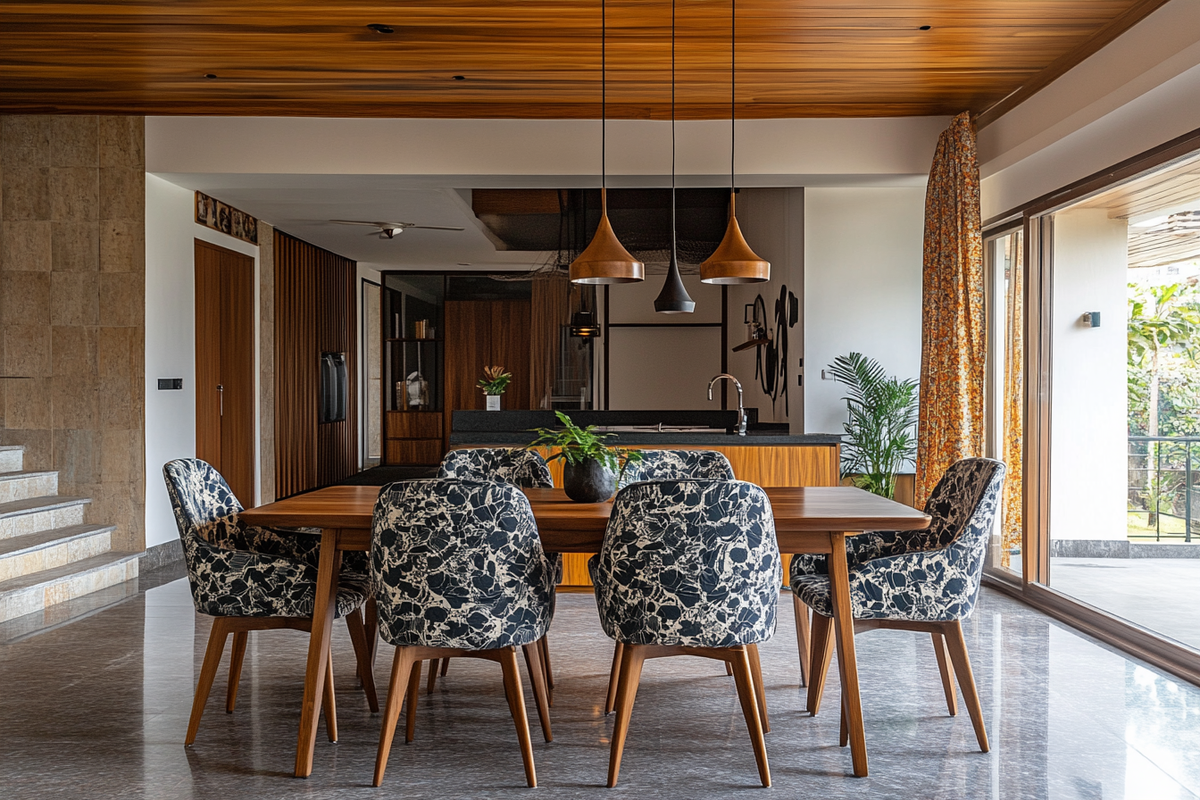 Modern 6-Seater Wooden Dining Room Design With Patterned High Chairs And Wooden False Ceiling