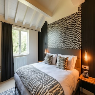 Modern Bedroom Wall Design With Geometric Wallpaper And Wooden Wall Panelling