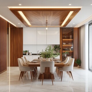 Mid-Century Modern White And Wood False Ceiling Design For Dining Room