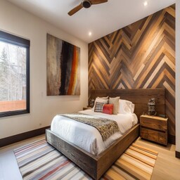 Contemporary Bedroom Wall Design With Wooden Panelling And Grooves