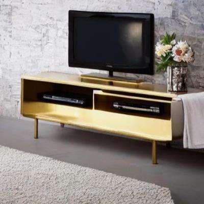 Rustic TV Unit Design in Gold with Grey Walls