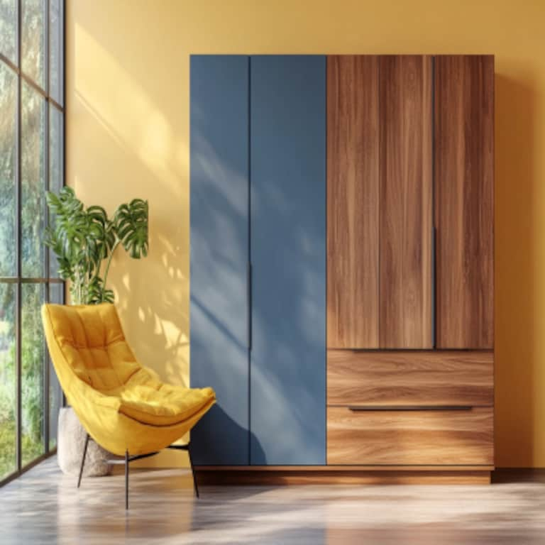 Modern Blue And Wood 4-Door Swing Wardrobe Design