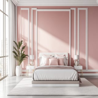 Mid-Century Modern Bedroom Wall Paint Design In Light Pink With White Wall Trims