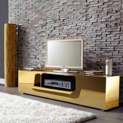 Classic TV Unit Design in Gold Laminate with Textured Stone Wall