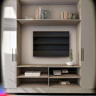 Modern TV Unit Design in Grey and Beige Laminate with Floating Shelves