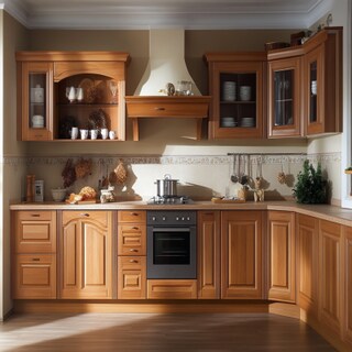 Scandinavian Modular L-Shape Regalia Kitchen Design With Wooden Cabinets And Crea-Toned Backsplash