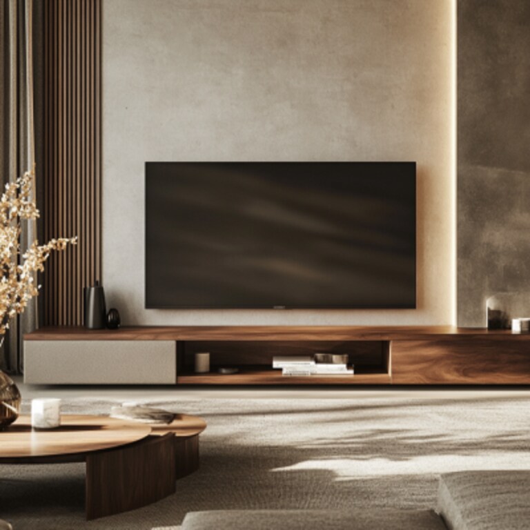 Minimal TV Unit Design in Persian Walnut with Suede Finish