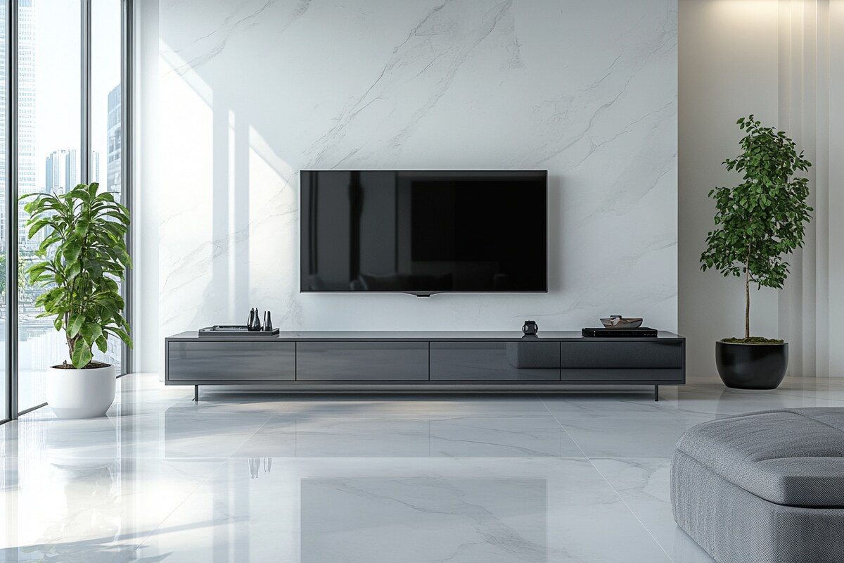 Contemporary TV Unit Design with Suede Finish and Textured Wall Accents