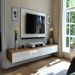 Modern Pearl White And Wood TV Unit Design With Open Wooden Storage Units